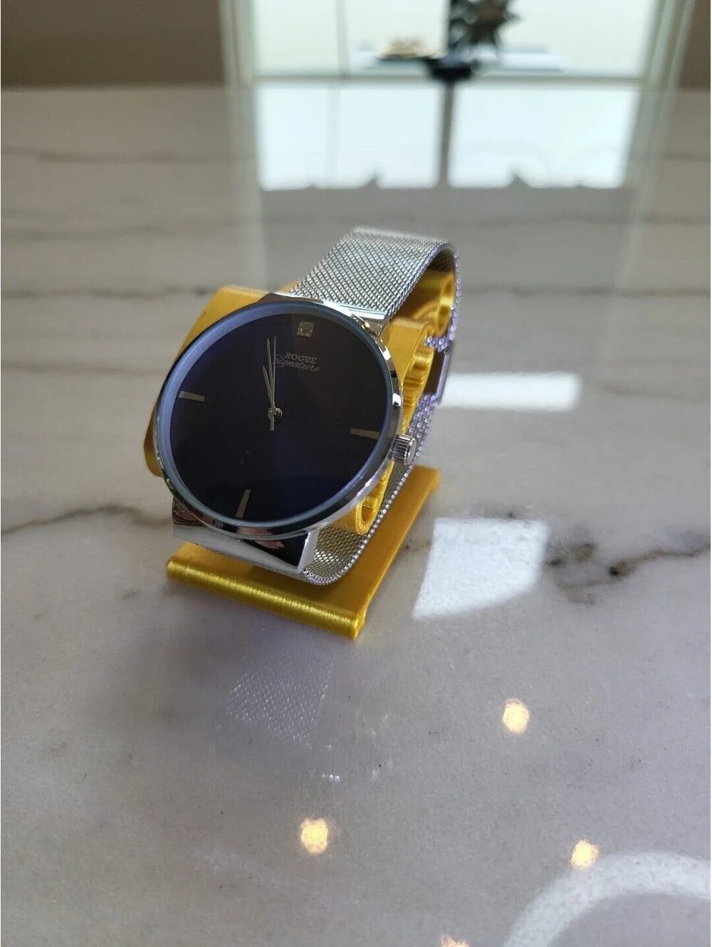 Rogue Signature Watch Silver With Blue Face Mesh Band Stainless Steel